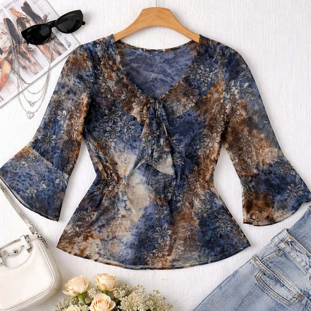 Y2K Sheer Floral Tie Front Blouse Brown Blue Mesh Bell Sleeve Top Boho‎ Fairy